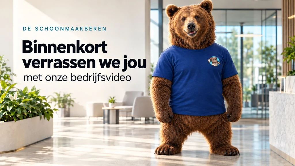 Schoonmaakbedrijf Gent: mascotte van De Schoonmaakberen die de bedrijfsvideo aankondigt in een moderne ontvangstruimte