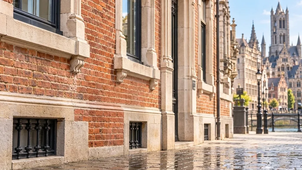 Facade cleaning Ghent: historic brick facade in Ghent after professional cleaning