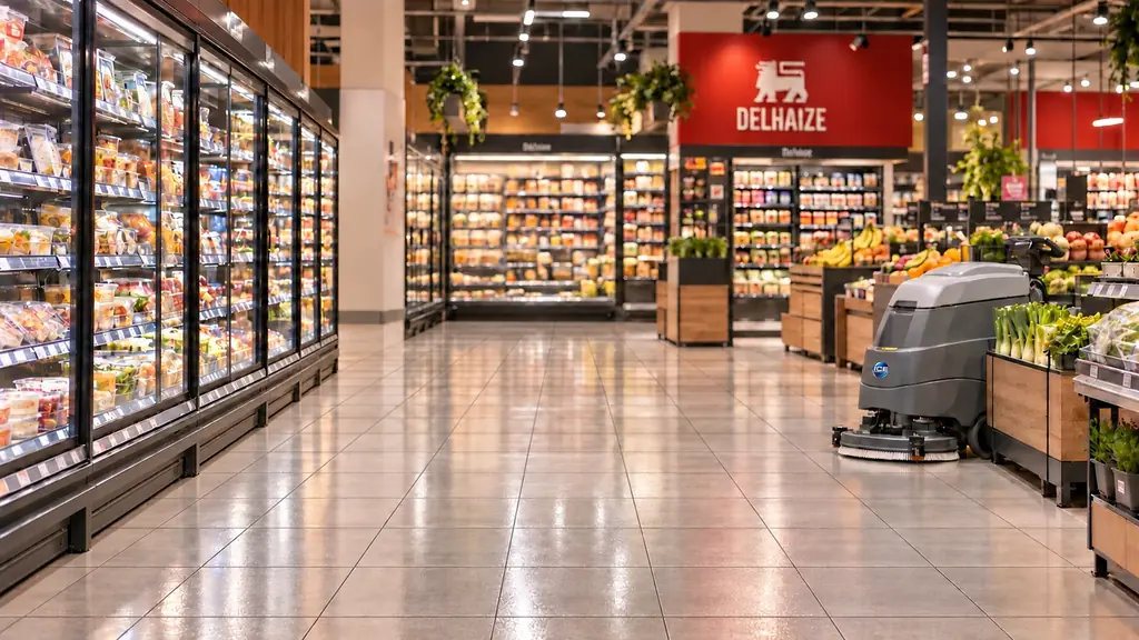 Industriële schoonmaak Gent: machinaal gereinigde, glanzende vloer in een Delhaize-supermarkt met schrobmachine