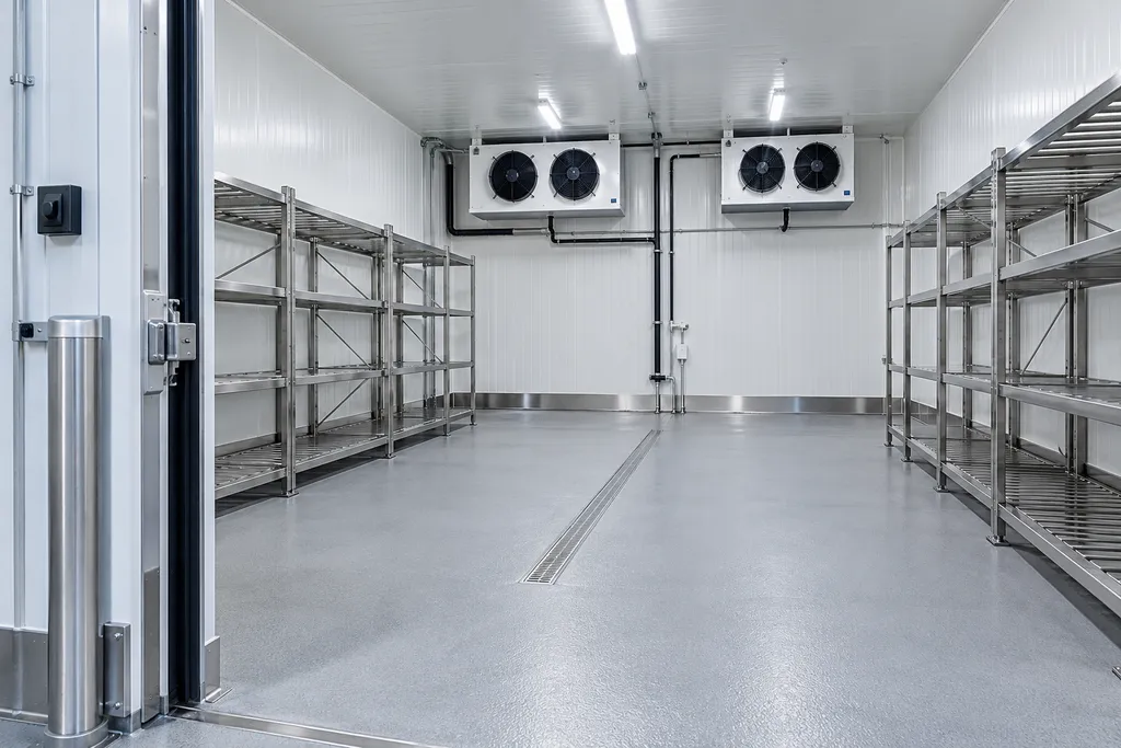 Koelmeubelen reinigen: propere koelcel met inox rekken, verdampers aan het plafond en afvoergoot in de vloer