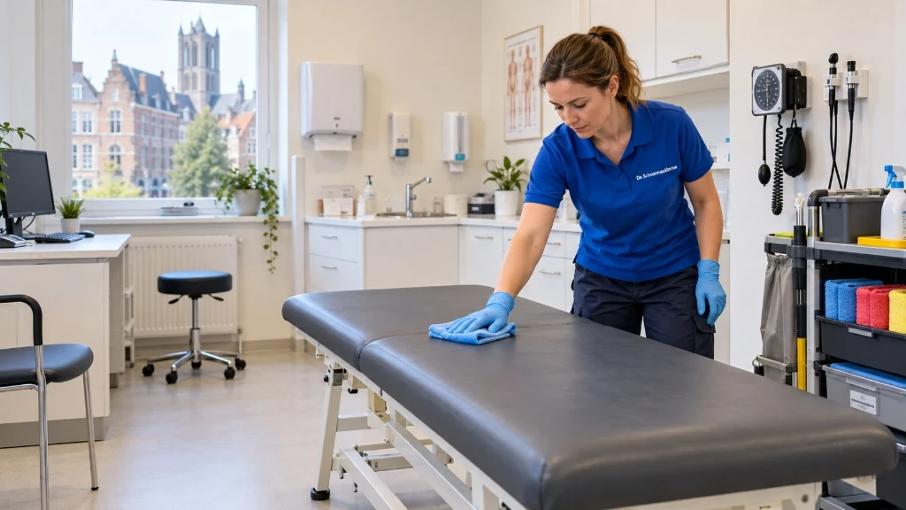 Medische schoonmaak Gent: medewerkster van De Schoonmaakberen reinigt een behandeltafel in een praktijk