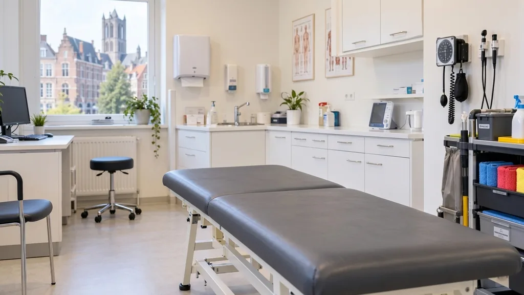 Nettoyage médical Gand : salle de consultation impeccable et désinfectée avec table d'examen