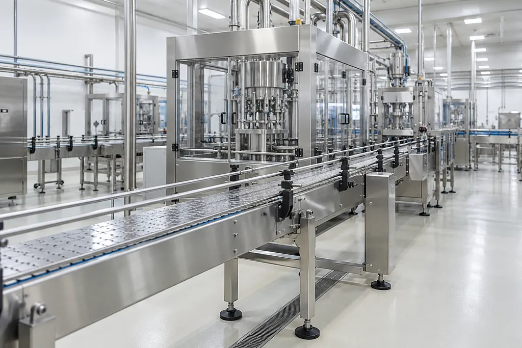Productielijnen reinigen: roestvrijstalen transportband en vulmachine in een propere productiehal