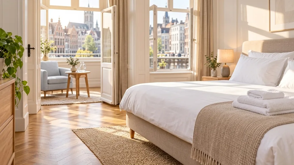 Vakantiehuizen en hotelschoonmaak Gent: perfect opgemaakte hotelkamer met uitzicht over historisch Gent