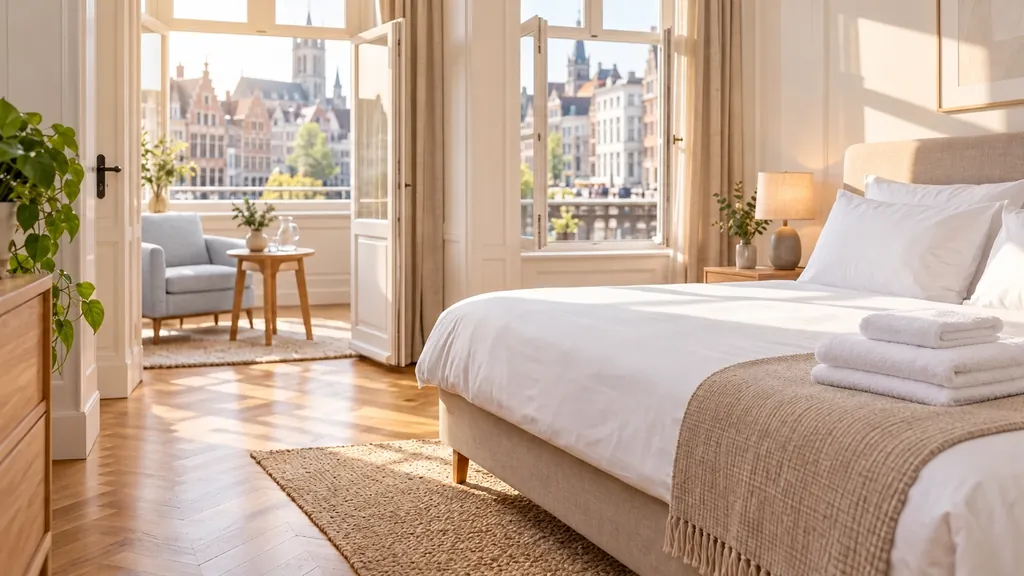 Vakantiehuizen en hotelschoonmaak Gent: perfect opgemaakte hotelkamer met uitzicht over historisch Gent