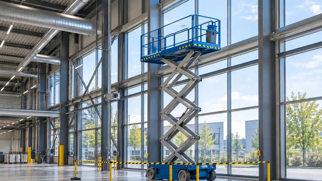 VCA cleaning company: aerial platform in an industrial hall, cordoned off with safety tape