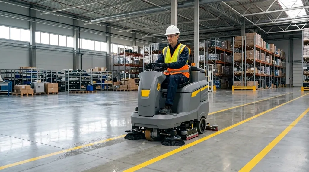 VCA schoonmaakbedrijf: schoonmaker met helm, veiligheidsbril en fluohesje aan het werk in een industriële hal