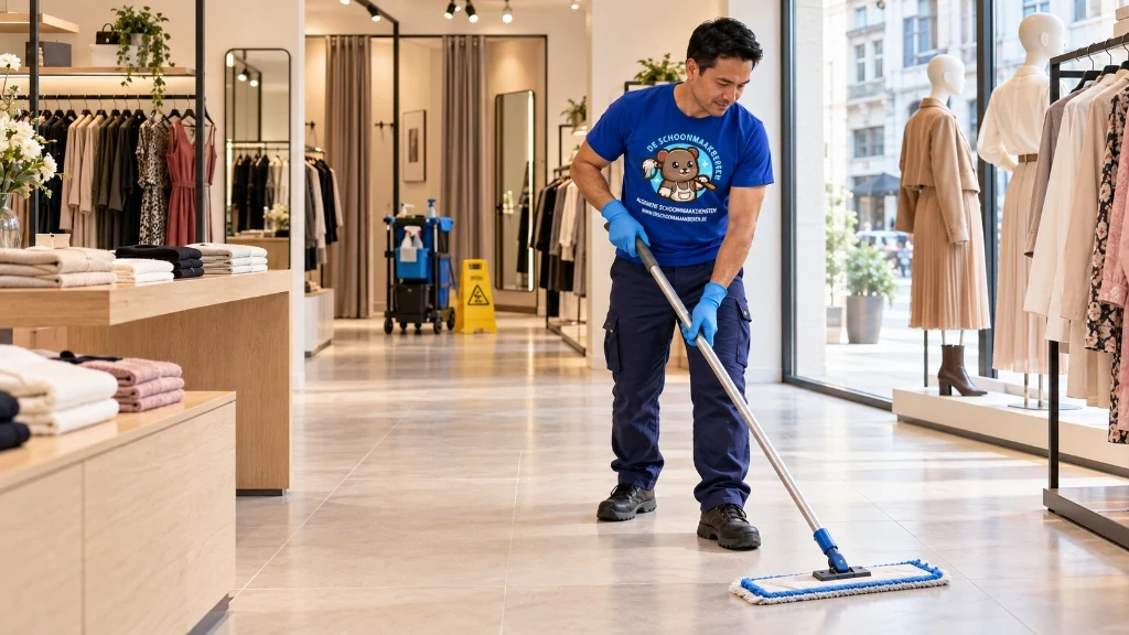 Winkelschoonmaak Gent: medewerker van De Schoonmaakberen dweilt de vloer in een kledingwinkel